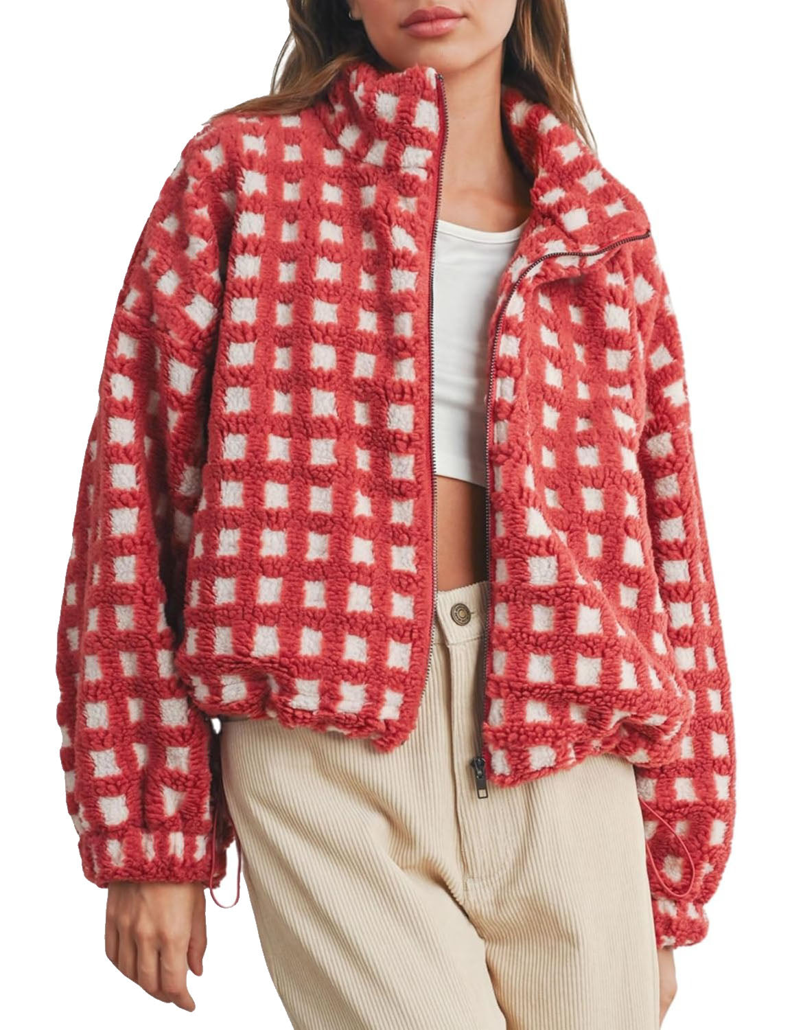Women’s Cropped Sherpa Fleece Plaid Jacket Chunky Teddy Fleece Outerwear