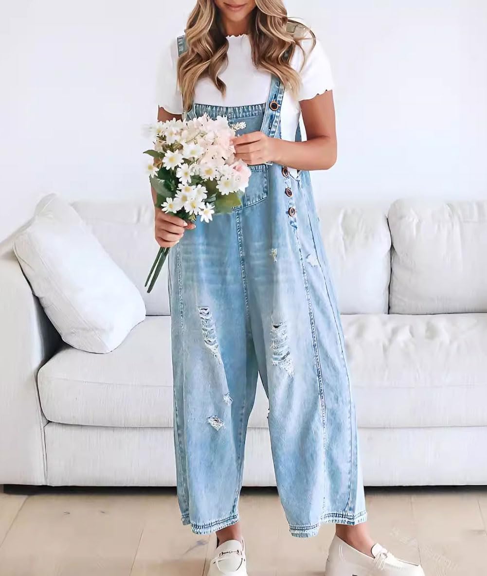 Women's Cute Casual Button Jumpsuit Ripped Denim Overalls