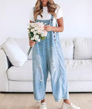 Women's Cute Casual Button Jumpsuit Ripped Denim Overalls