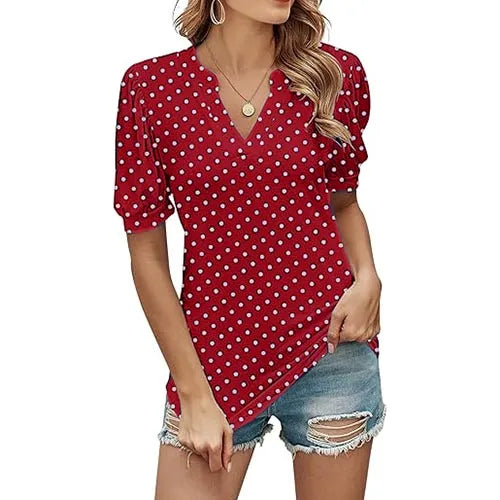 Women's Polka Dot V-neck Short Sleeve Shirt Puff Sleeve Top