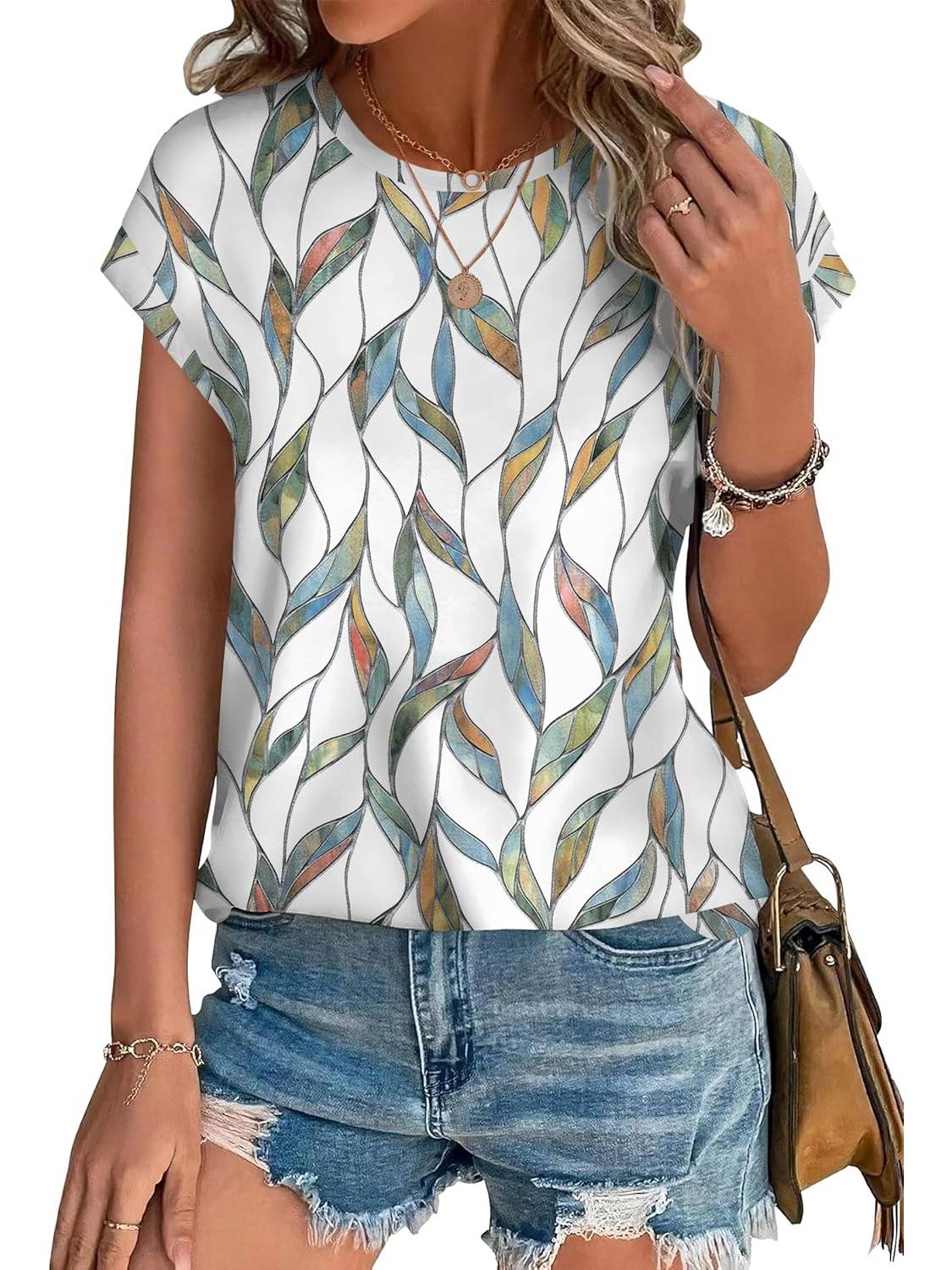 Womens Printing Dressy Casual Cap Sleeve Tops with Curved Hem