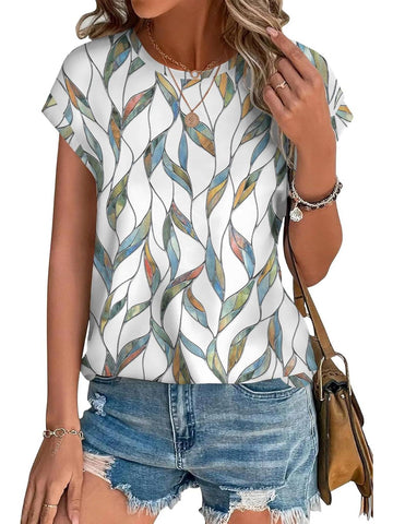 Womens Printing Dressy Casual Cap Sleeve Tops with Curved Hem
