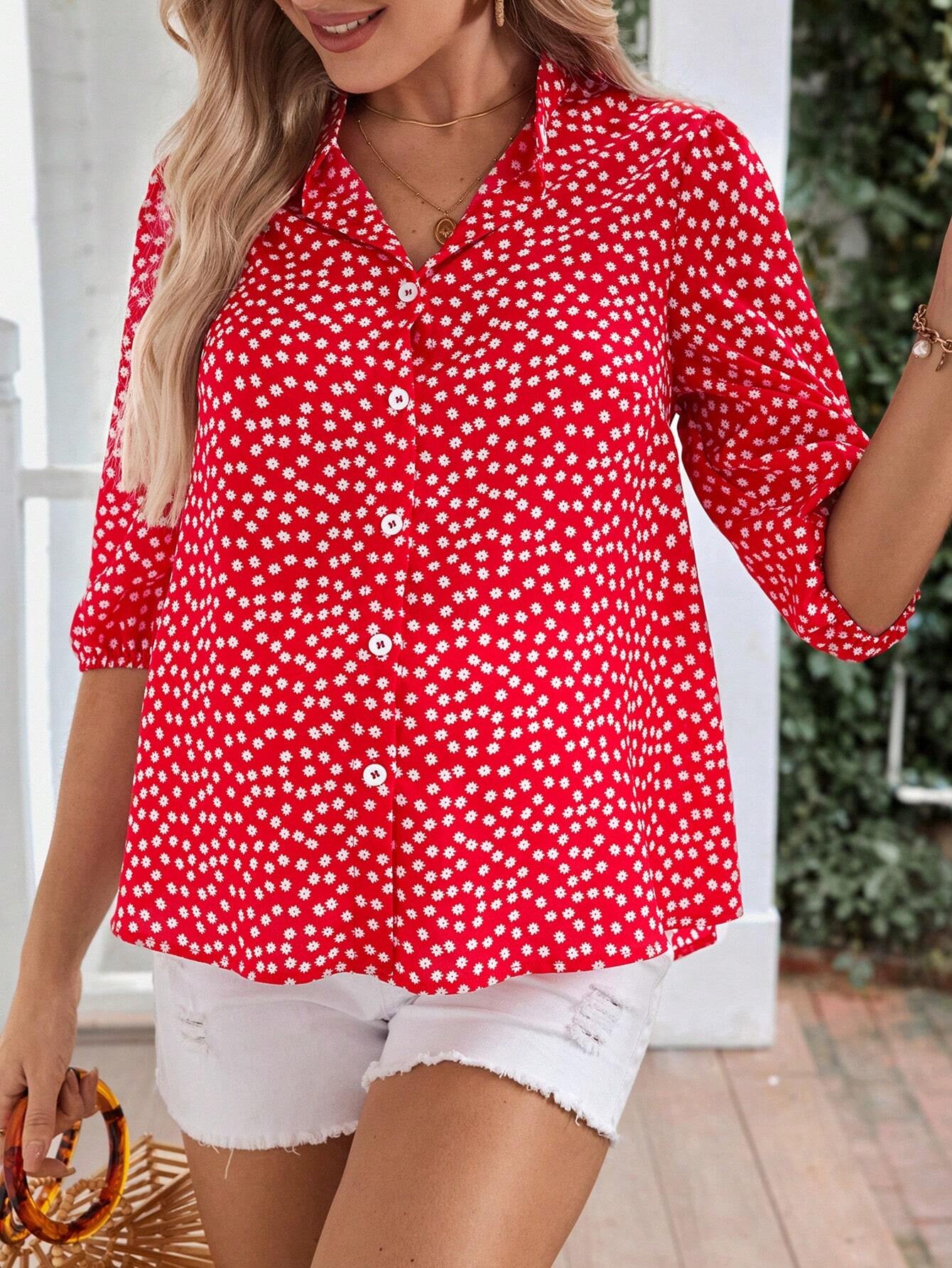 Women's Floral Print Half Sleeve Button Down Shirt Blouse