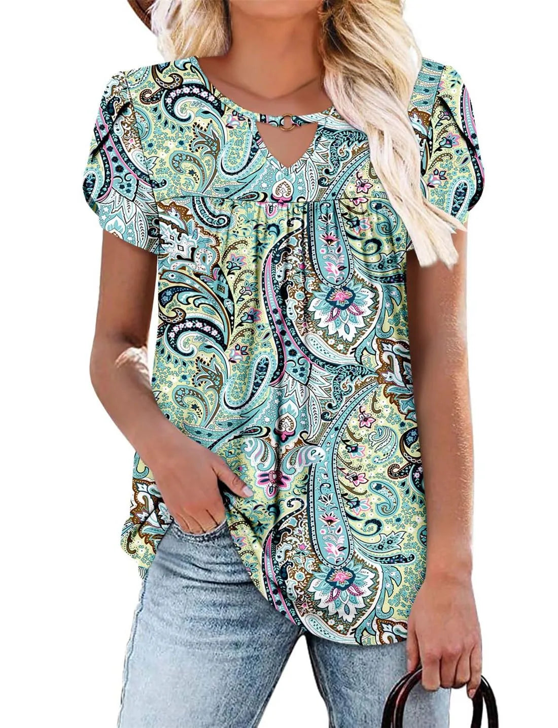 Keyhole Ring V-Neck Tunic Top
