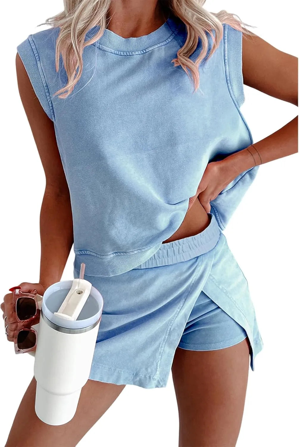 Women's Mineral Wash Tank and Lined Split Skort 2 Pieces Set