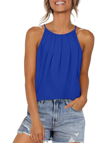 Women's Curved Hem Pleated Spaghetti Strap Tank Tops