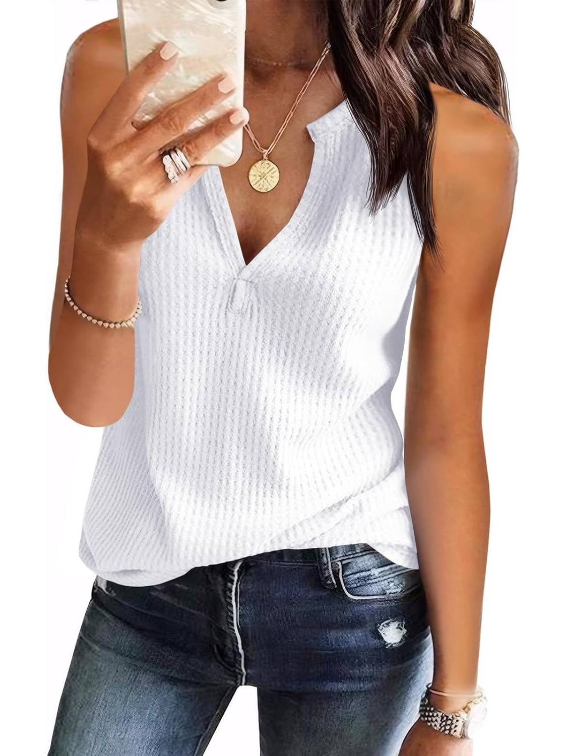 Womens V Neck Waffle Knit Summer Casual Sleeveless Loose Tank Tops