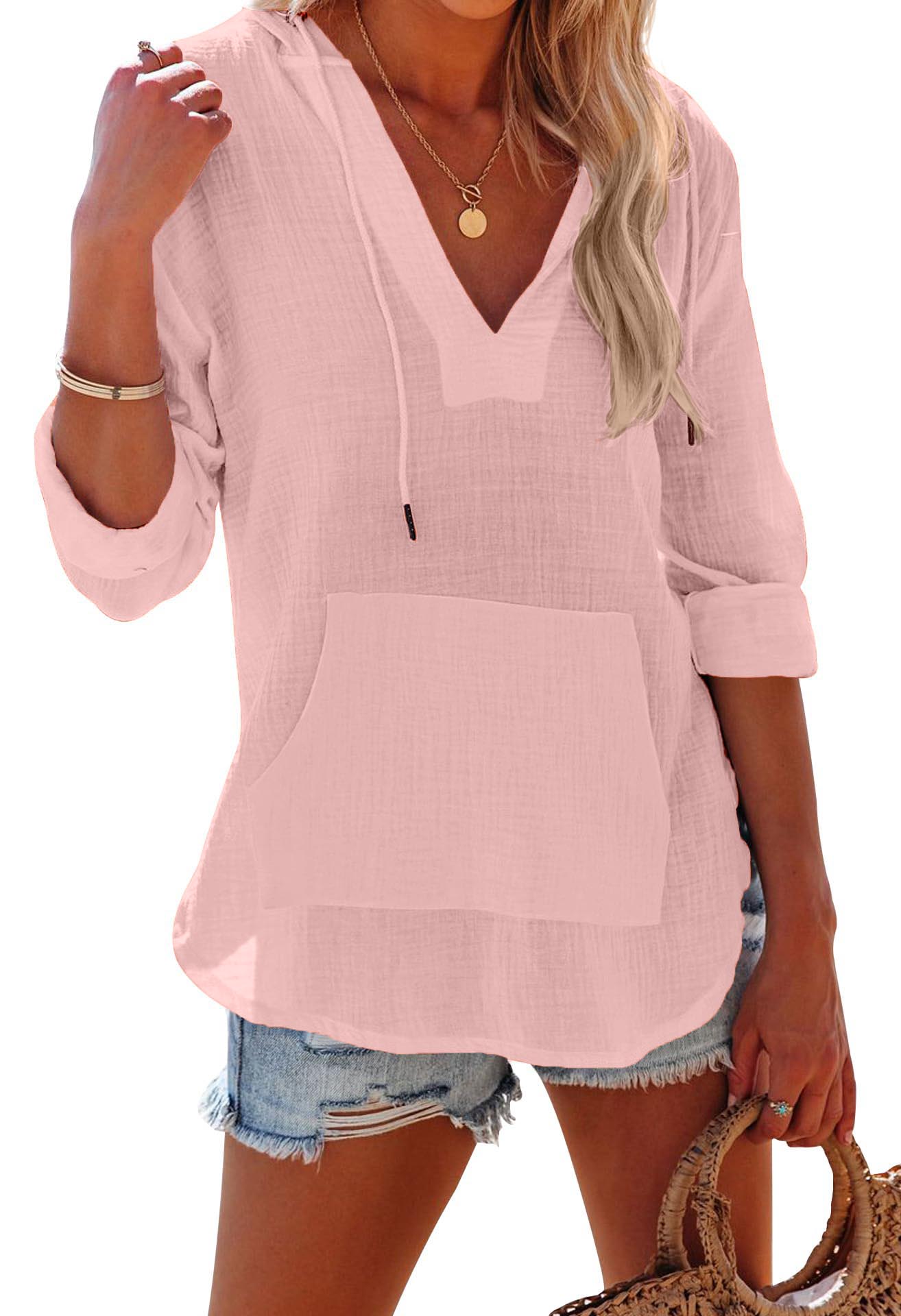 Women's Long Sleeve V Neck Pocketed Hooded Shirt Top