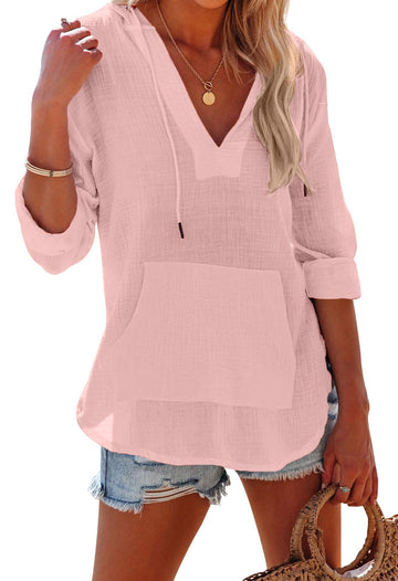 Women's Long Sleeve V Neck Pocketed Hooded Shirt Top