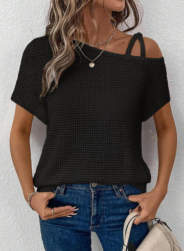 Women's Summer Off-Shoulder Waffle Knit Short Sleeve Top