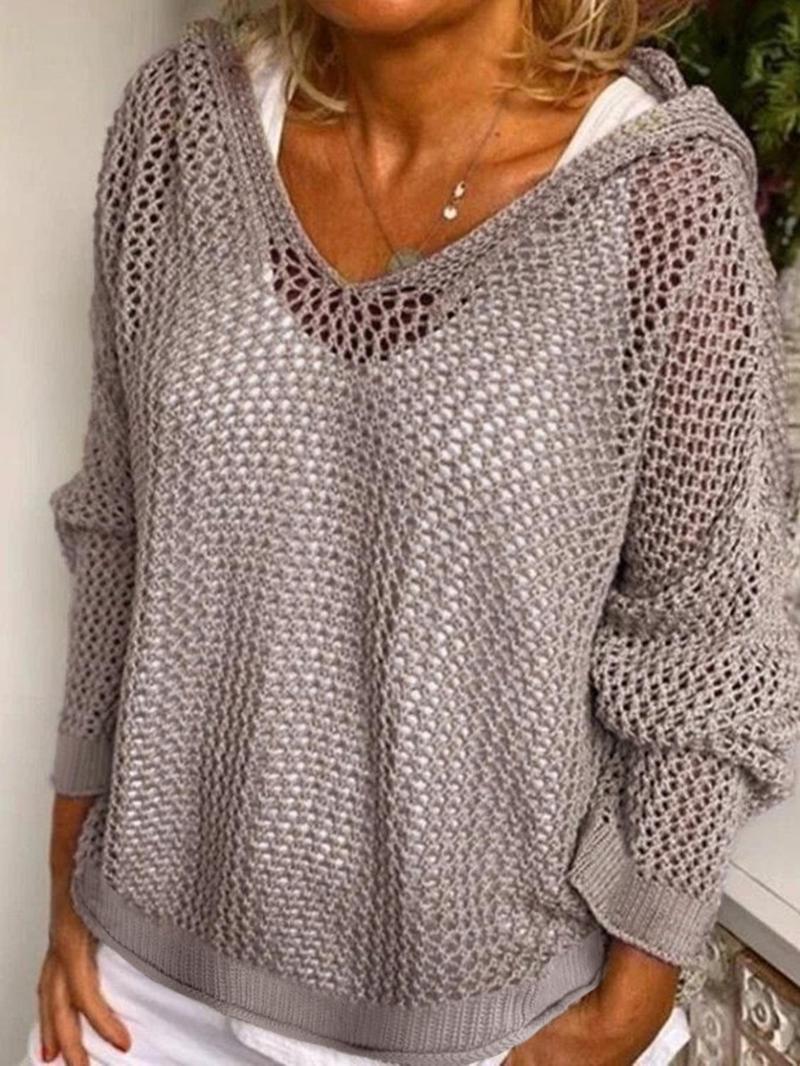 Women's Solid Hollow Out Sheer Hooded Sweater