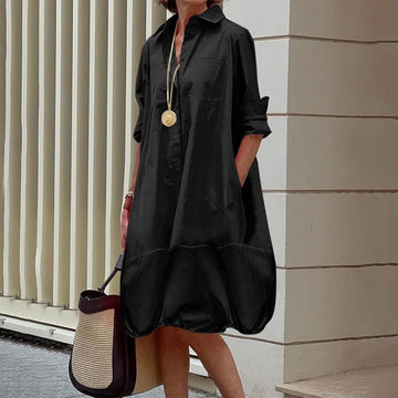 Women's Summer Loose Solid Color Lapel Midi Dress Shirt Dress