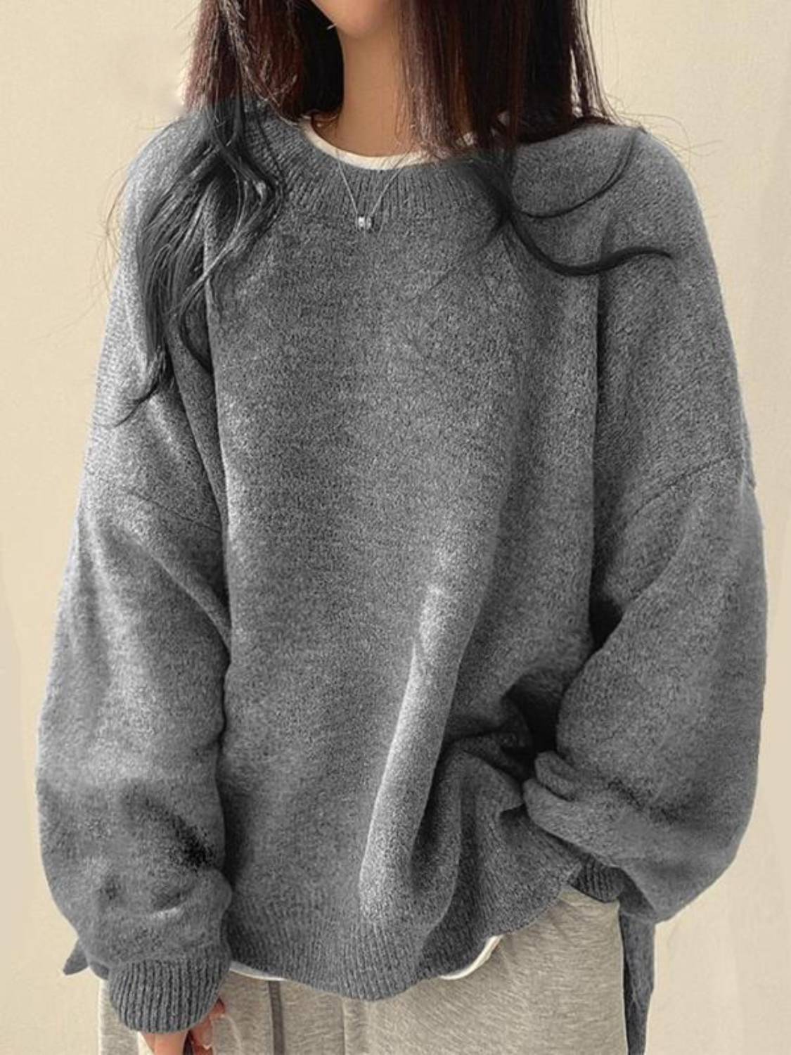 Women's Round Neck Drop Shoulder Split Hem Sweater