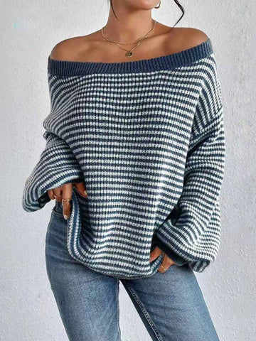 Striped Round Neck Dropped Shoulder Sweater