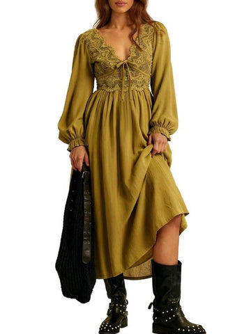 Women's Lace V Neck Puff Sleeve Vintage Flowy Boho Maxi Dress