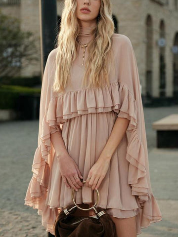 Semi-Sheer Chiffon Ruffle Dress With Outer Cape