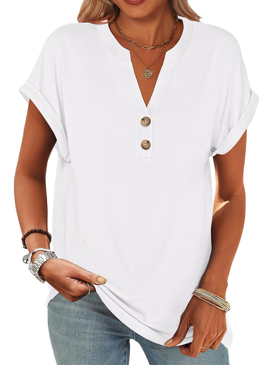 Women's V Neck Button Casual Loose Fit Short Sleeve Henley Tops