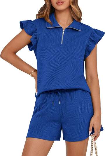 Women's Zipper V Neck Ruffle Shorts Sets