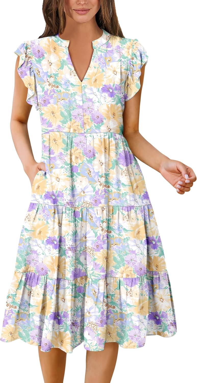 Ruffle Sleeve V Neck Fit Flowy Tiered Midi Dresses