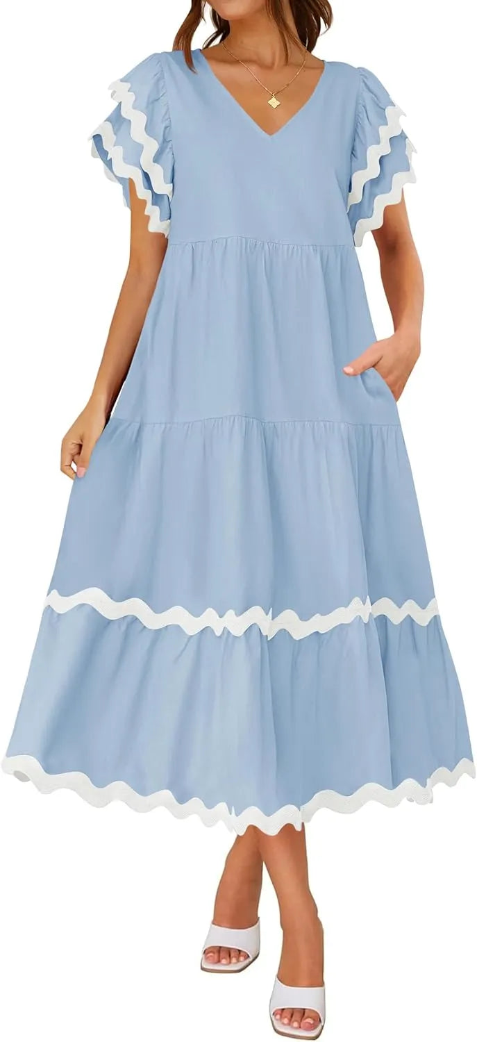 V-neck Ruffle Short Sleeve Layered A-line Maxi Dress