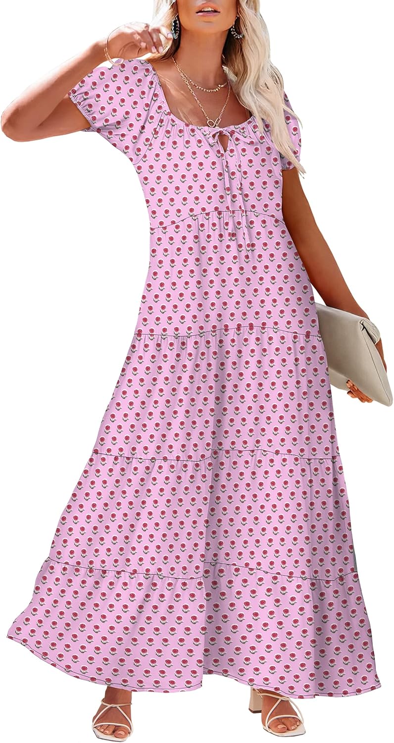 Women's V Neck Puff Sleeve Boho Maxi Dresses