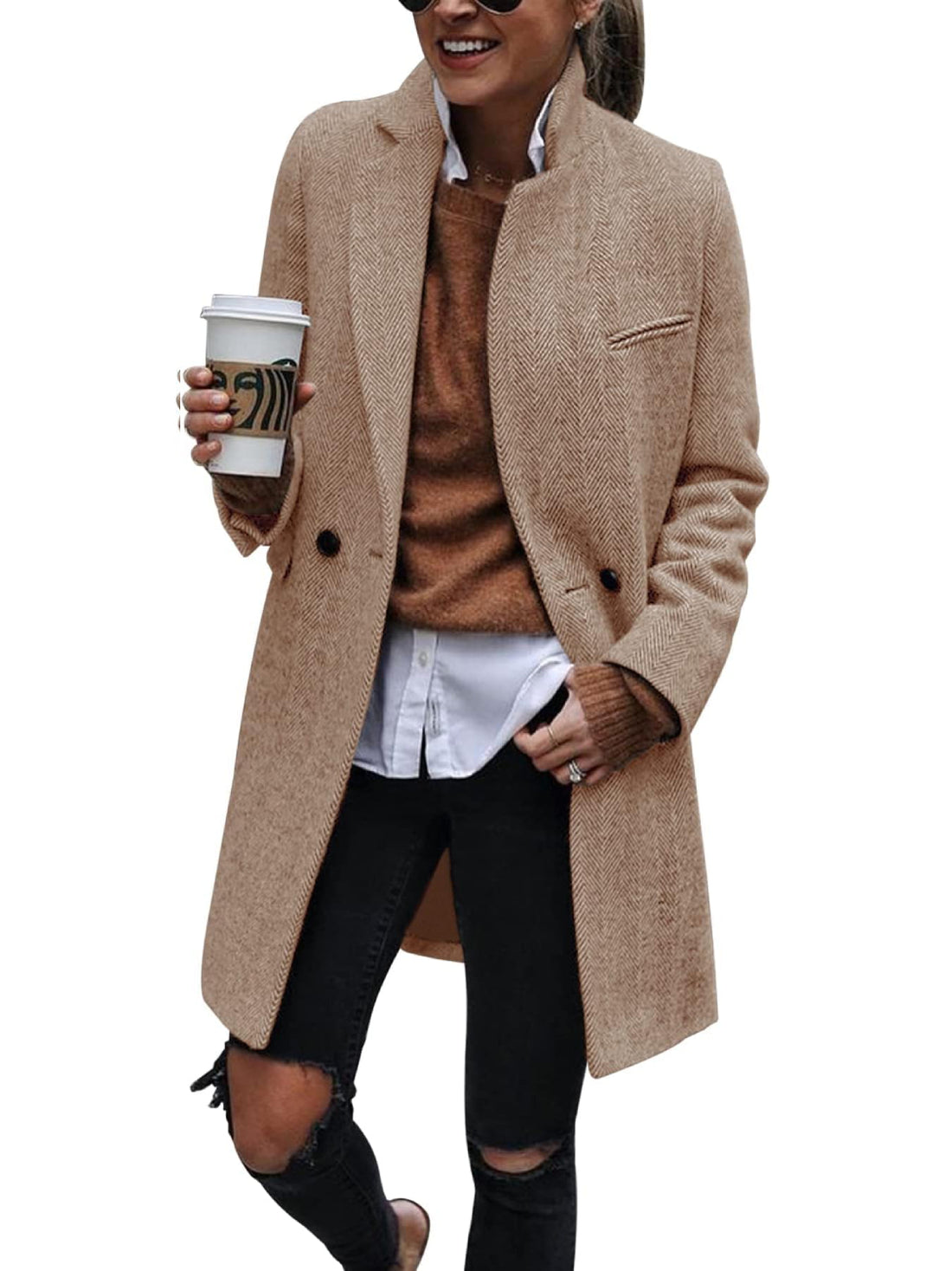 Women's Notch Lapel Double Breasted Trench Coat Peacoat