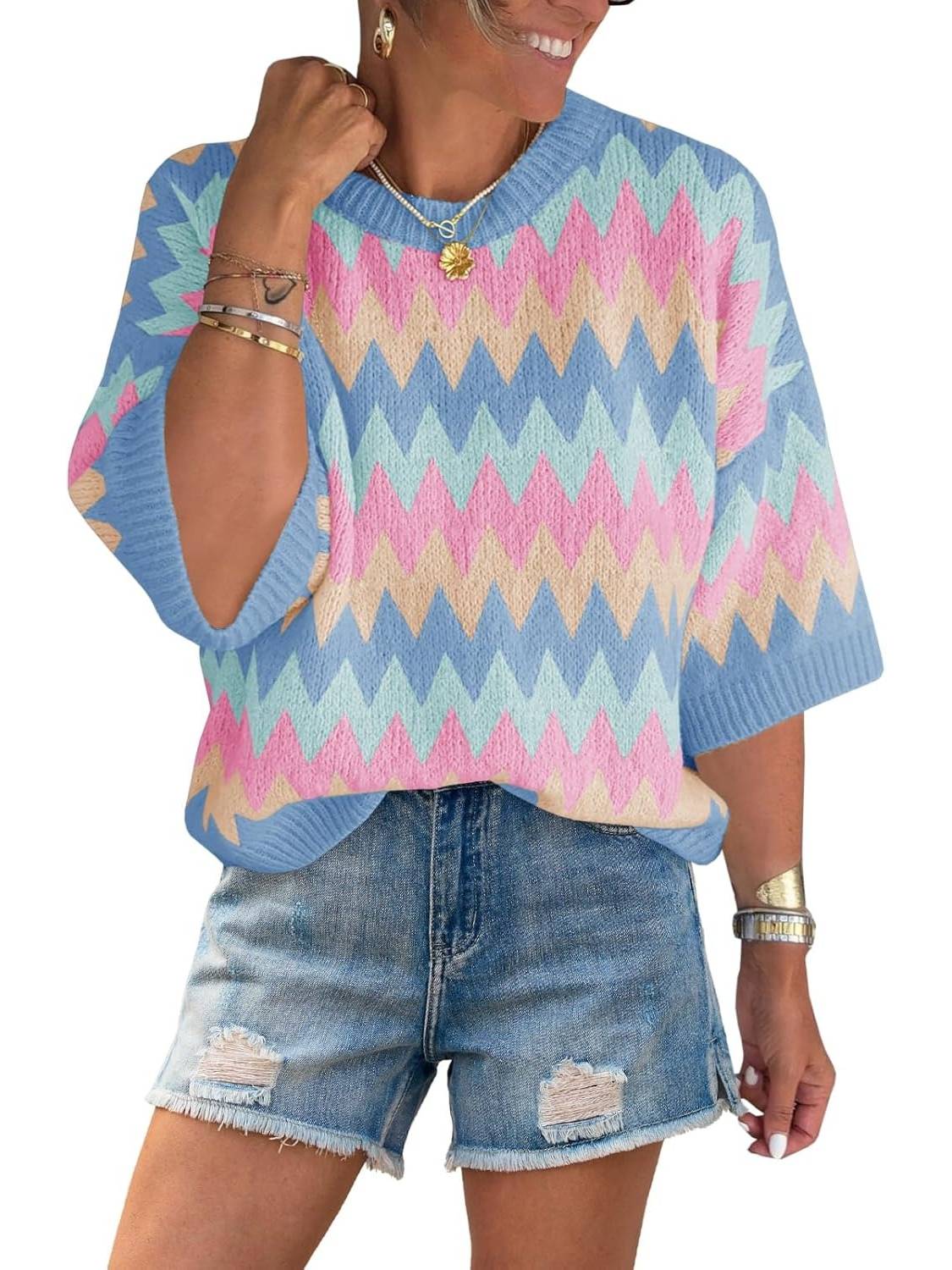 Womens Half Sleeve Crew Neck Color Block Striped Sweater Tops