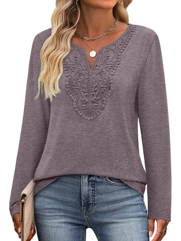 Women Dressy Casual Lace V Neck Long Sleeve Shirts Blouses