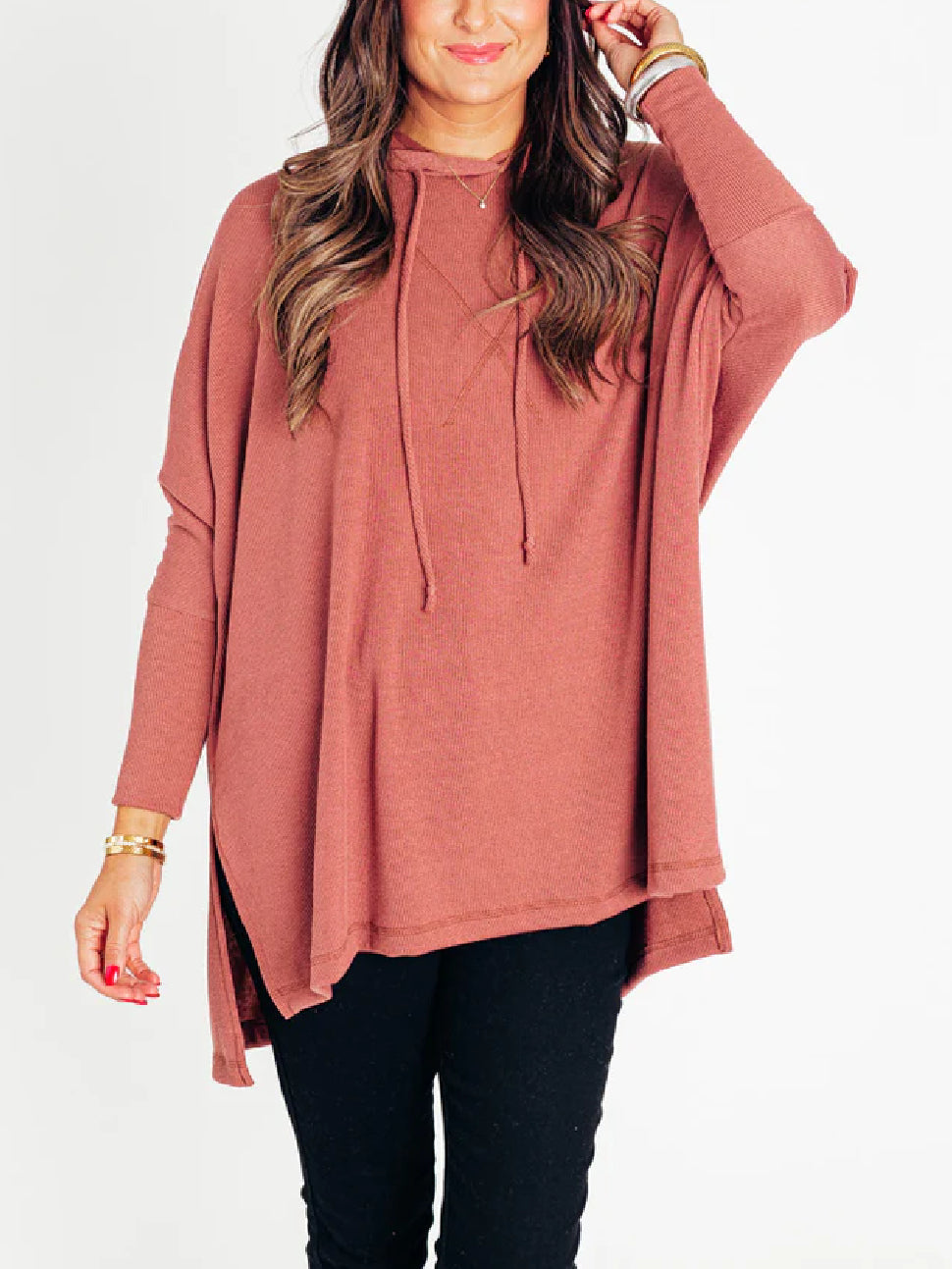 Early Fall Oversized Bat Sleeve Hooded Ribbed Pullover