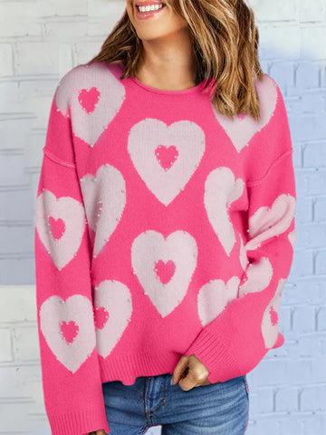 Pearl Detail Heart Round Neck Long Sleeve Sweater