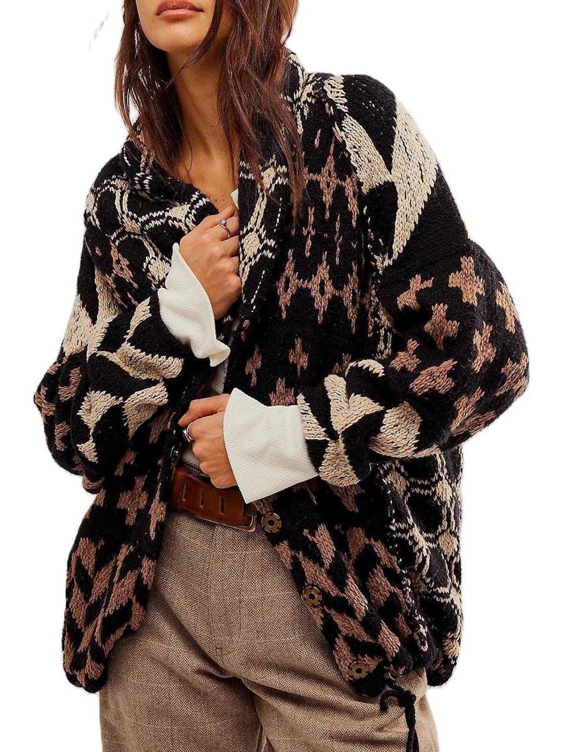 Women's Autumn Oversized Print Button Down Collar Sweater Cardigans