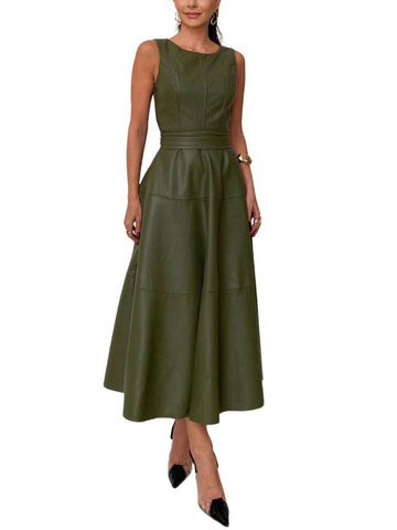 Women's Elegant Sleeveless PU Faux Leather Dress with Belt
