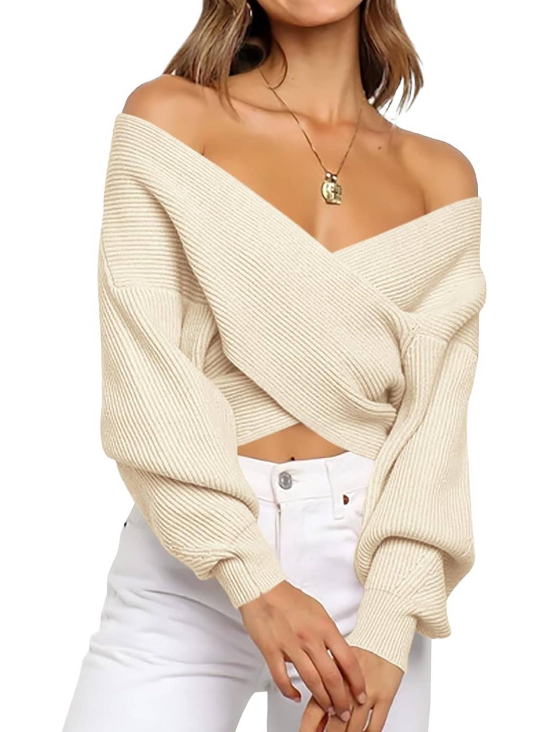 Women's Cross Wrap Front Solid Color V Neck Long Sleeve Sweater