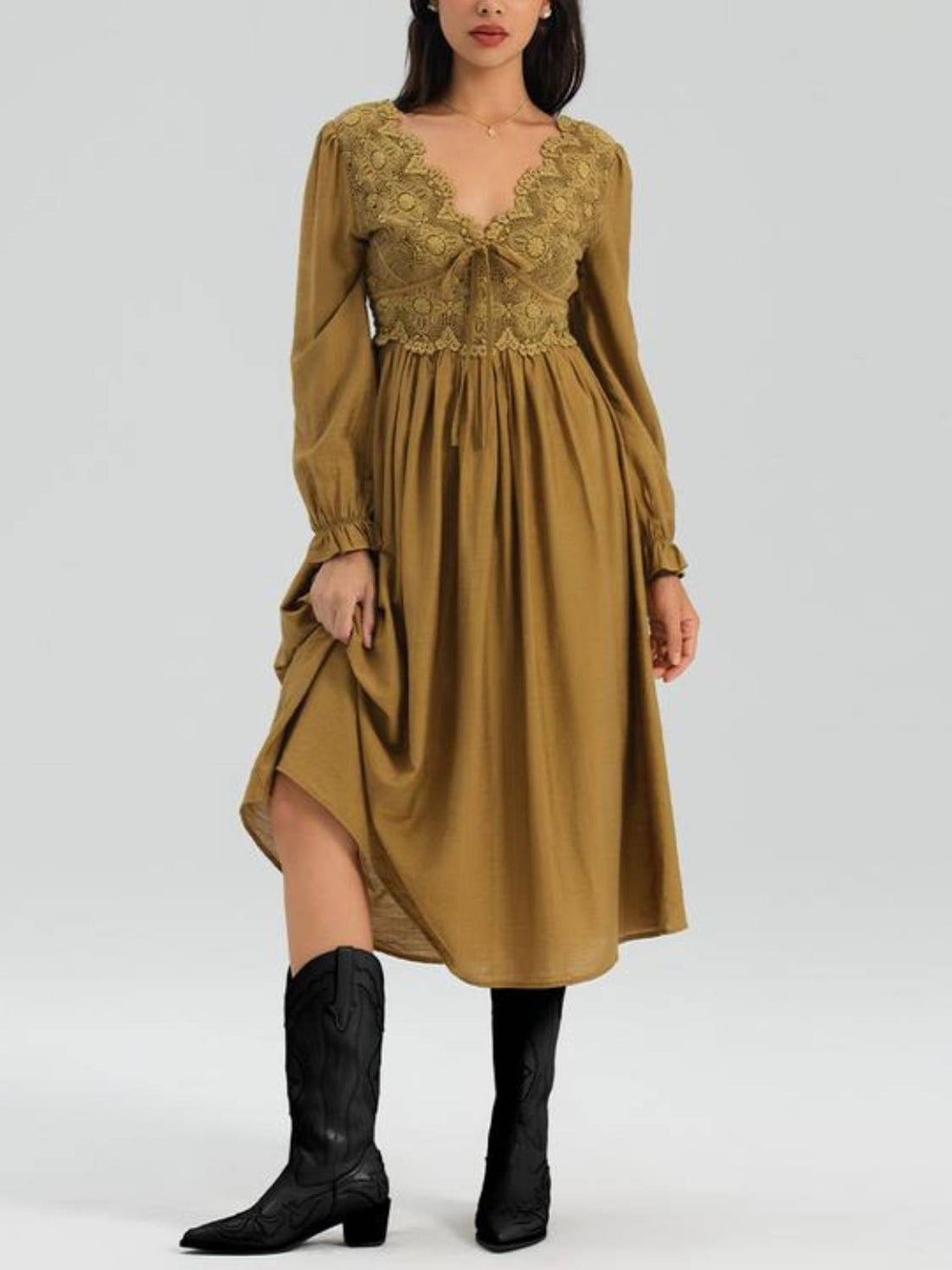 Women's Lace V Neck Puff Sleeve Vintage Flowy Boho Maxi Dress