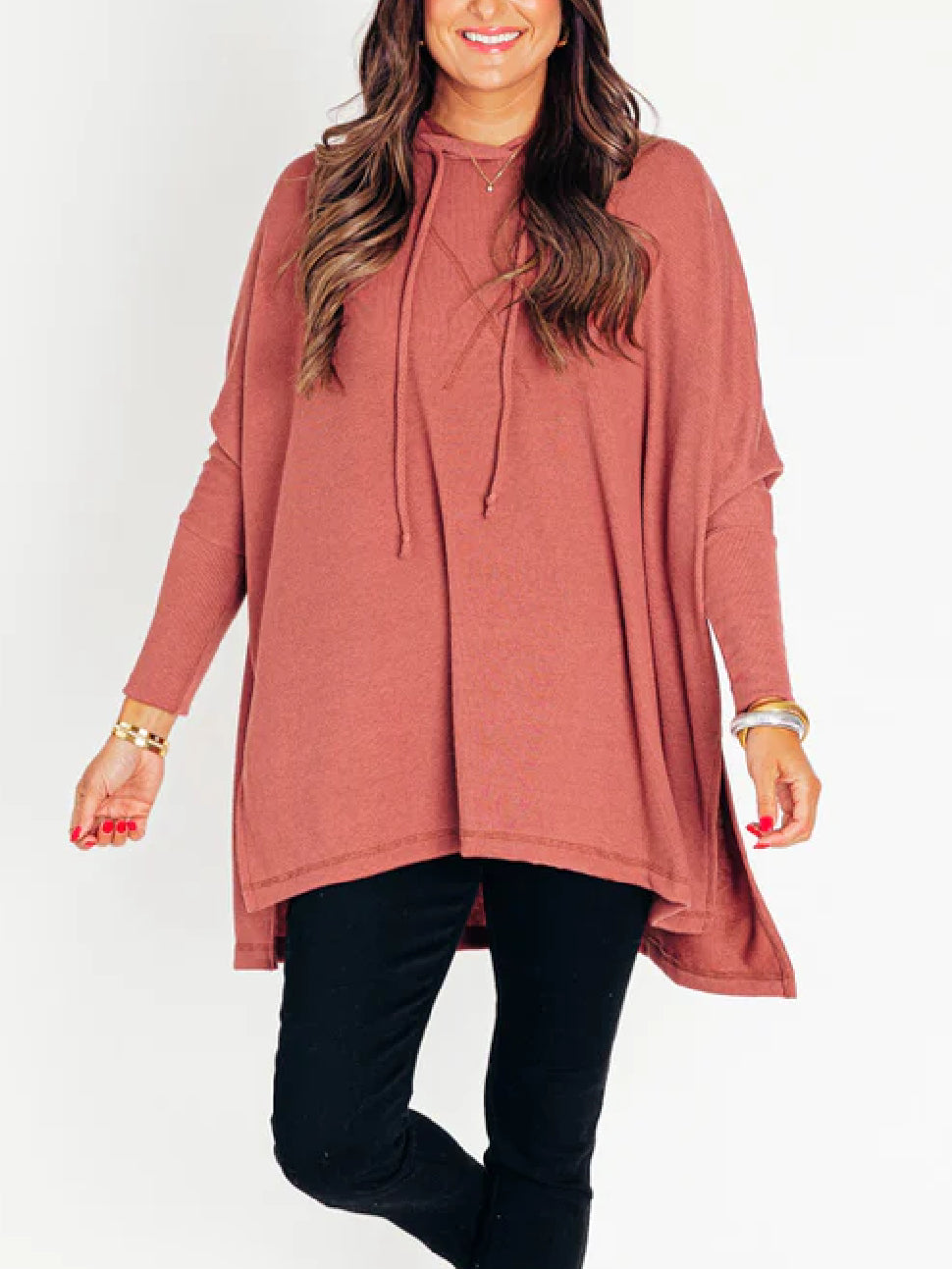 Early Fall Oversized Bat Sleeve Hooded Ribbed Pullover