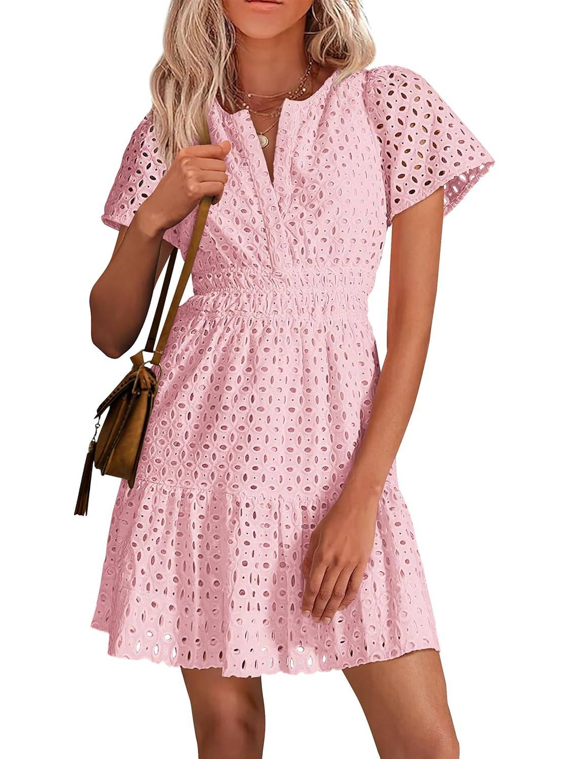 Womens V Neck Short Sleeve A Line Hollow Out Lace Ruffle Short Dress