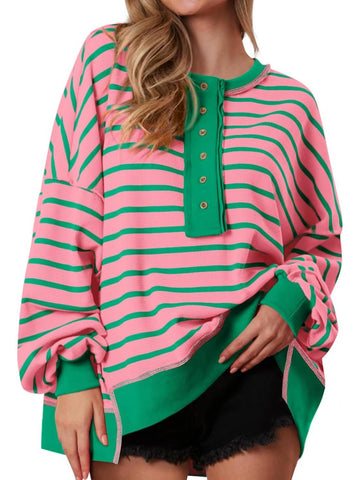 Women's Oversized Striped Button Up Henley Neck Waffle Knit Pullover