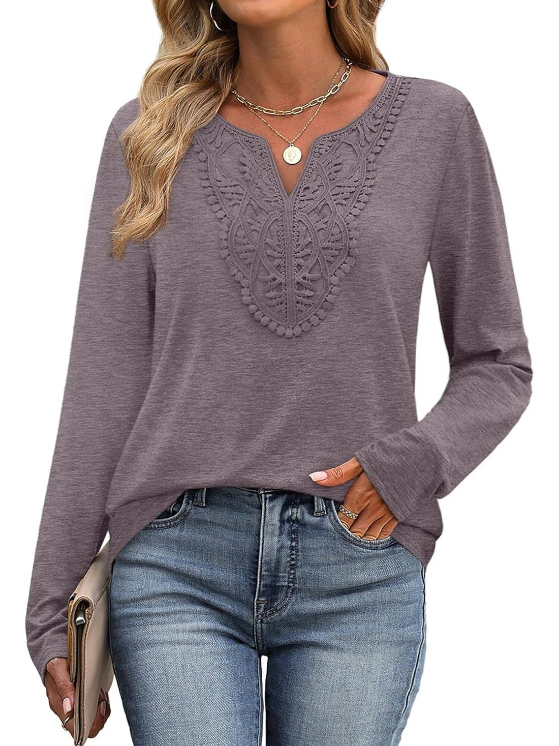 Women Dressy Casual Lace V Neck Long Sleeve Shirts Blouses