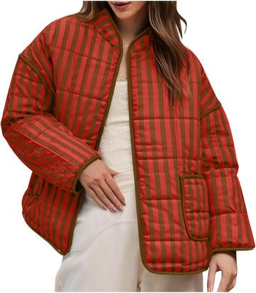 Women's Warm Orange Red Stripe Quilted Jacket with Pockets