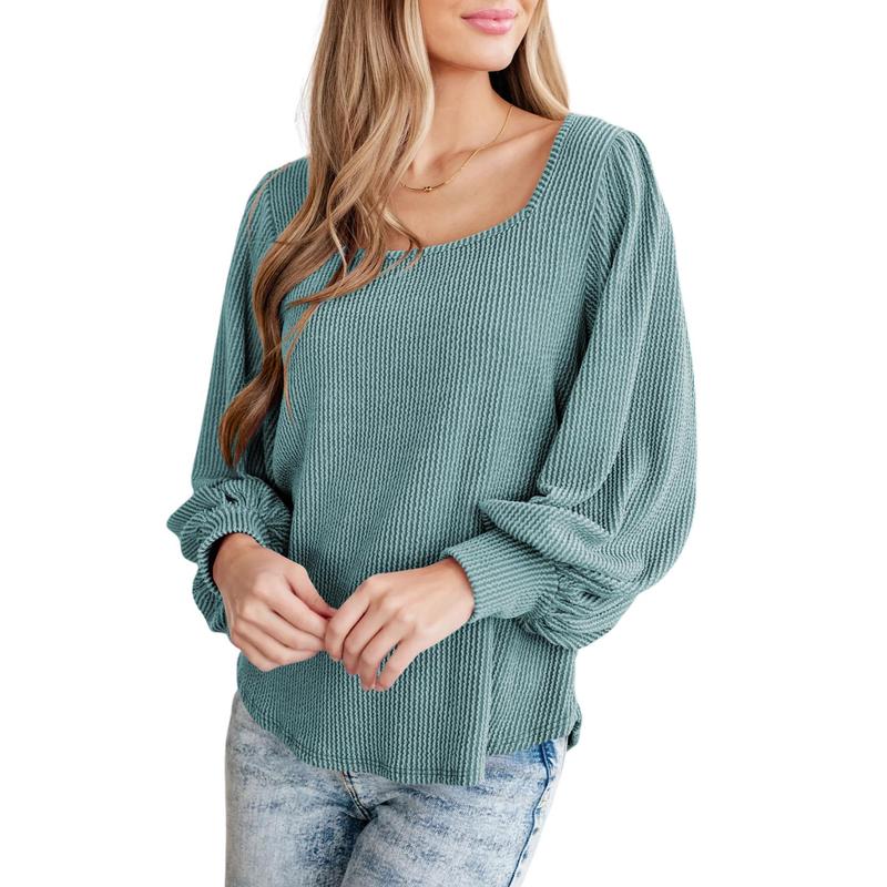 Women's Square Neck Long Sleeve Casual Loose Ribbed Knit Soft Blouses Tuinc Tops