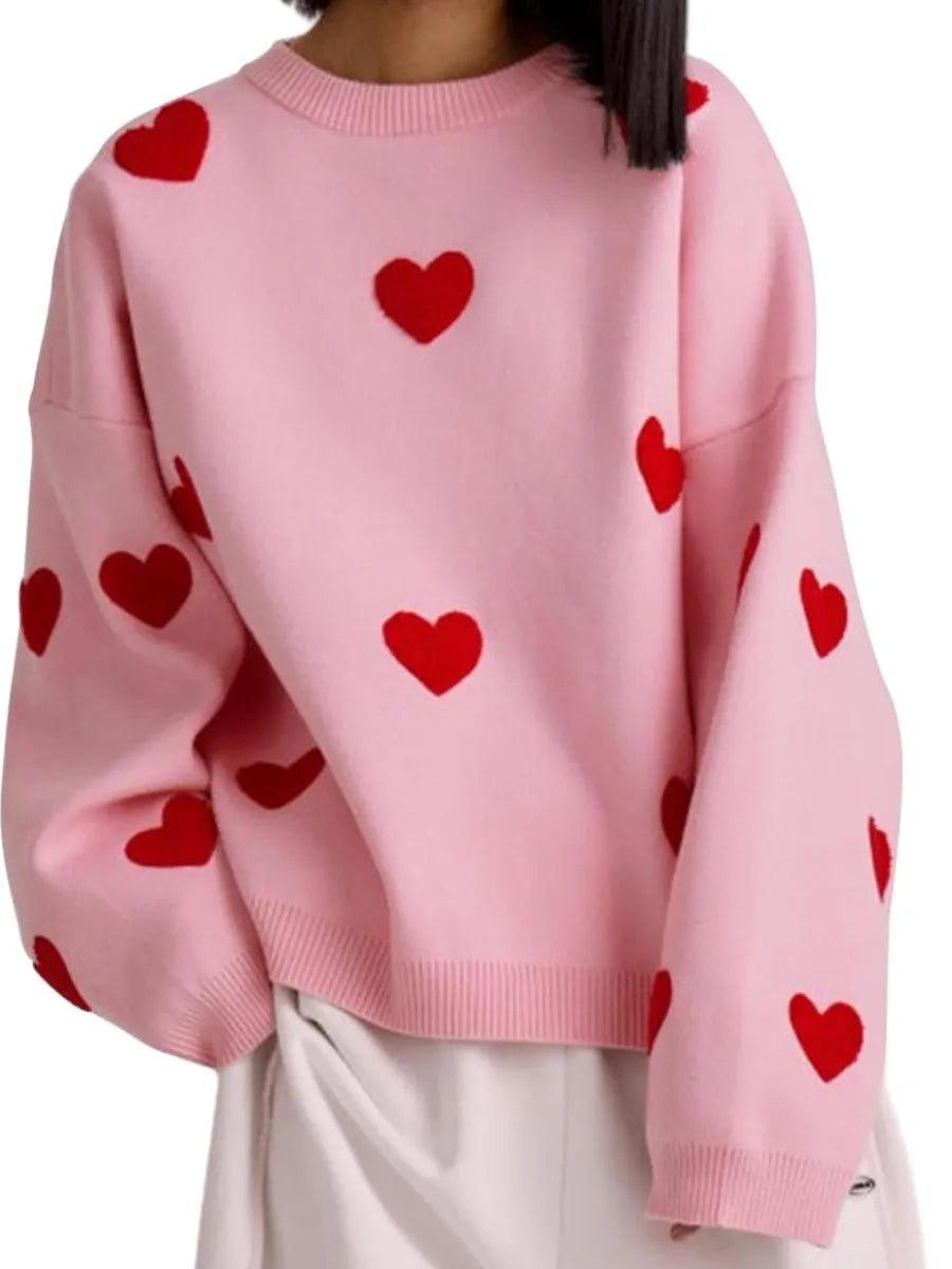 Cute Oversized Heart Embroidered Knit Sweater