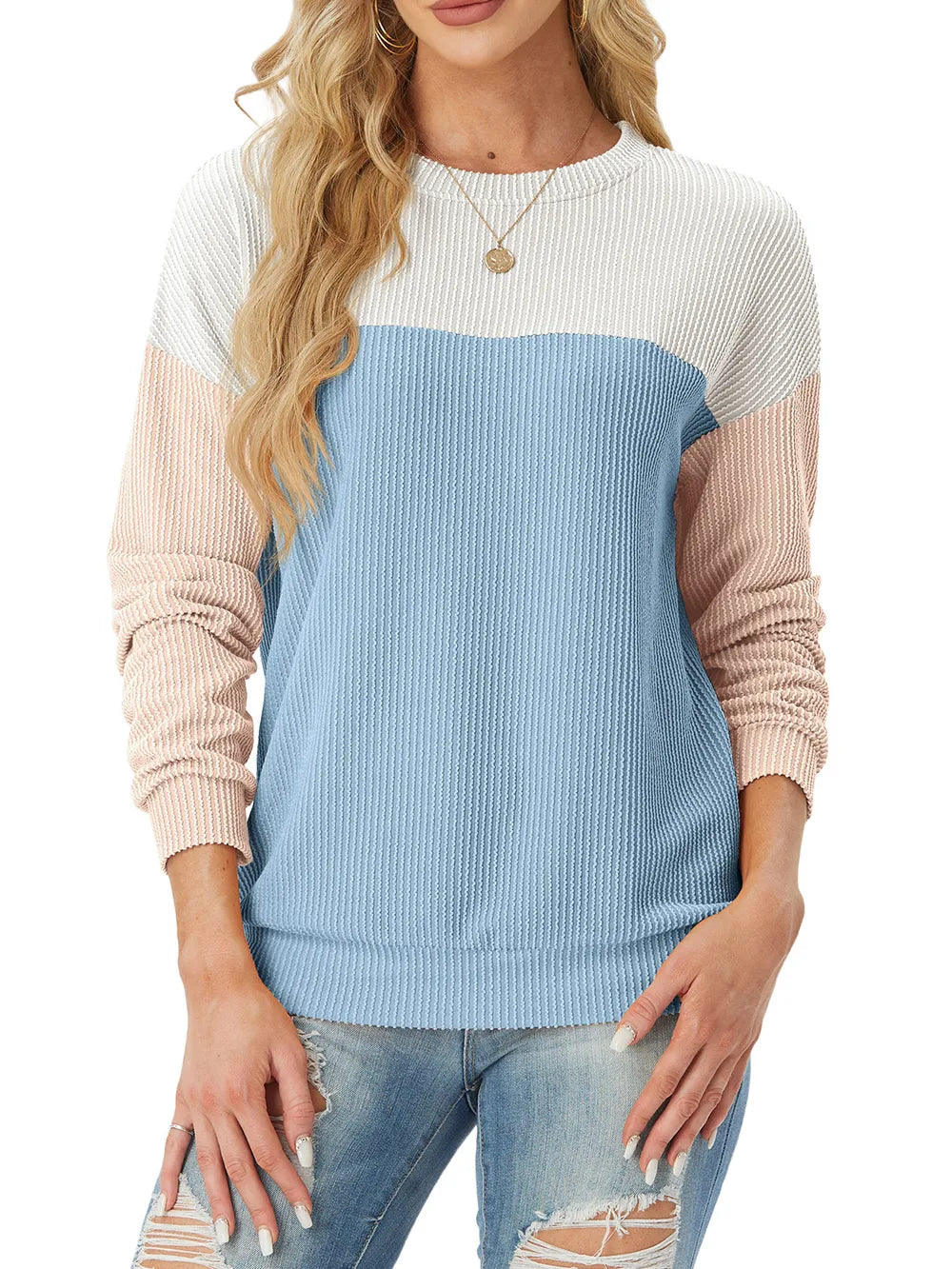 Women's Crewneck Color Block Ribbed Tops