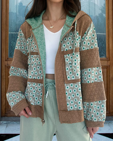 Floral Zip-Up Hooded Quilted Jacket