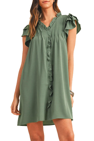 Women's Ruffle Trim Sleeveless V Neck Casual Flowy Pleated  Mini Dress with Pockets