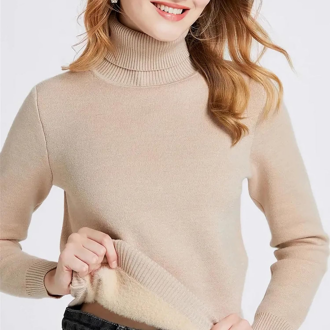 Women Fleece Thick Knitted Turtle Neck Sweater