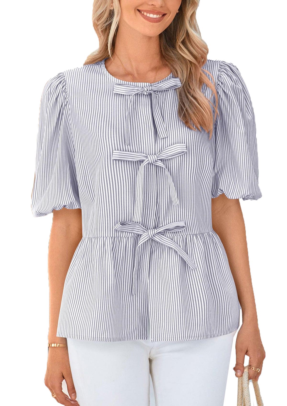 Women's Casual Tie Front Striped Shirt Puff Sleeve Ruffle Top