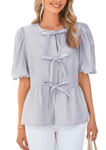 Women's Casual Tie Front Striped Shirt Puff Sleeve Ruffle Top