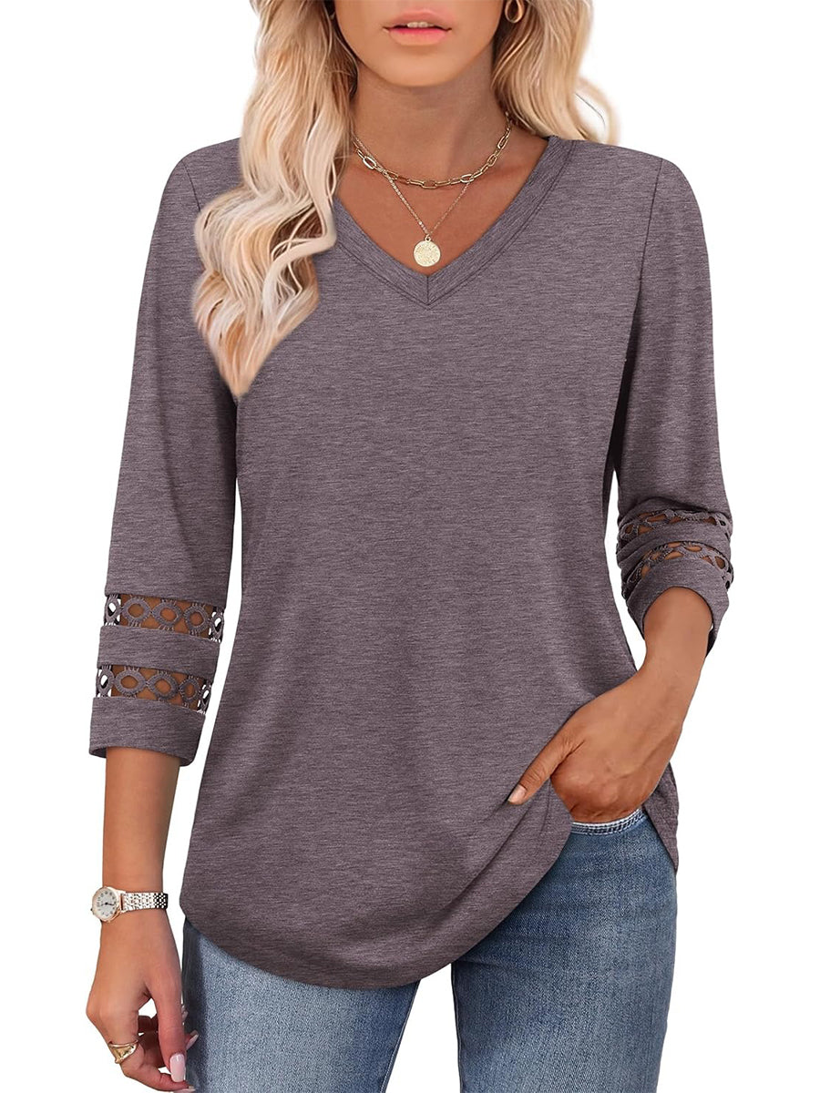 Women's Dressy Casual V Neck Hollow 3/4 Length Sleeve Tops