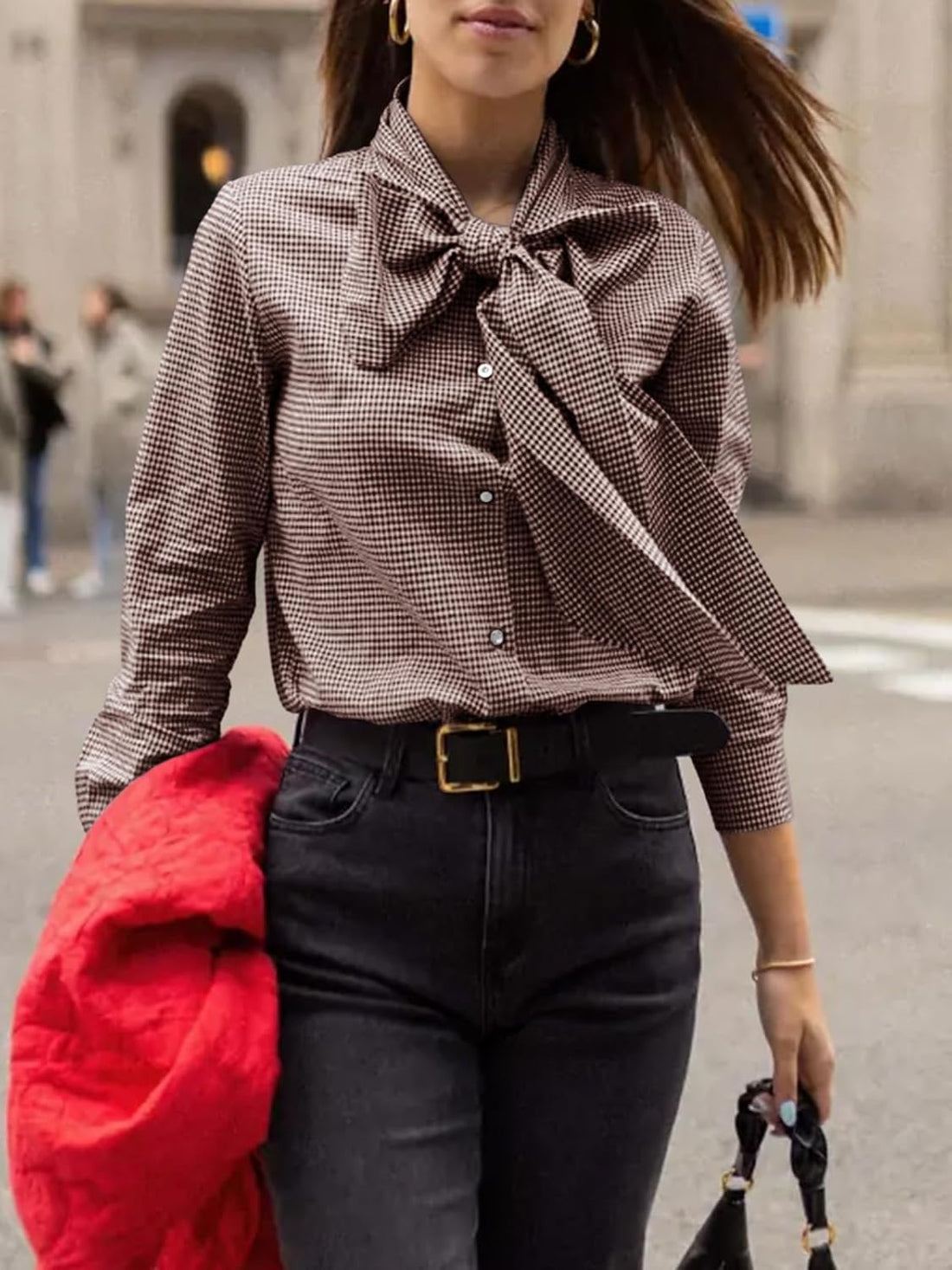 Womens Plaid Shirts Bow Tied Neck Button Down Long Sleeve Blouse Tops