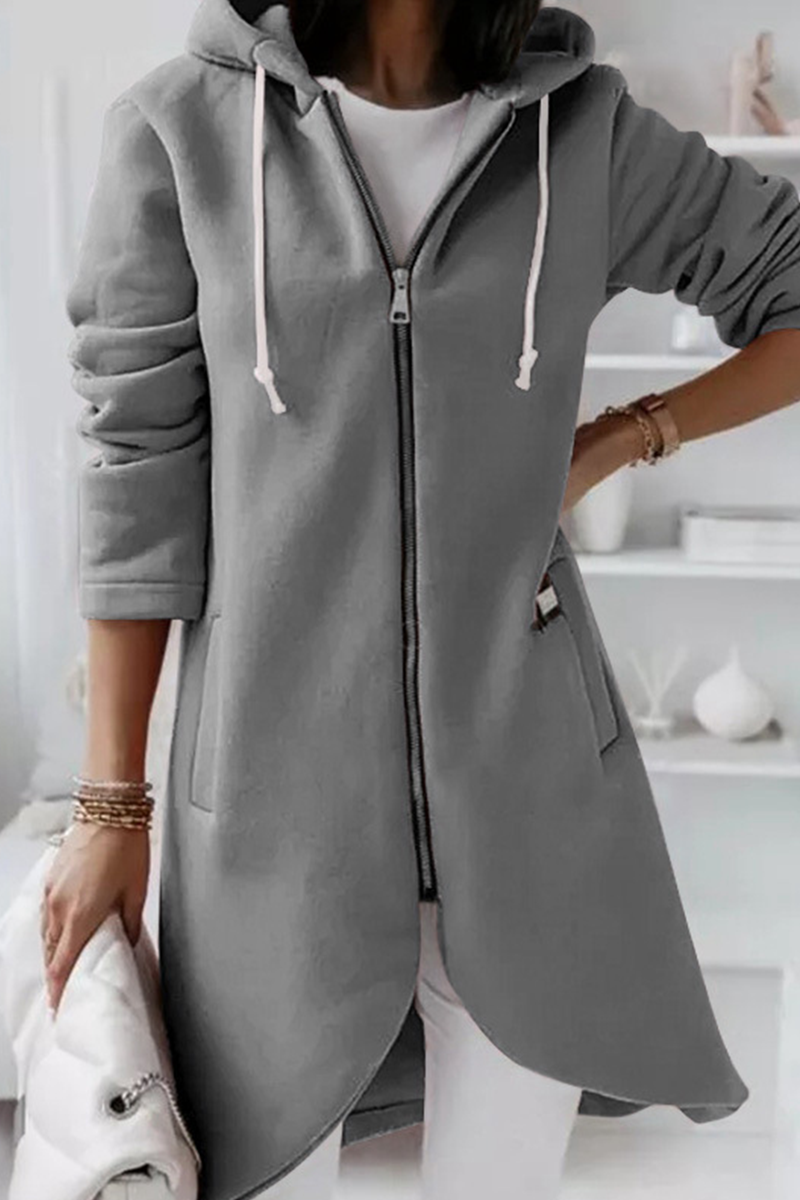 Casual Solid Draw String Zipper Hooded Collar Outerwear